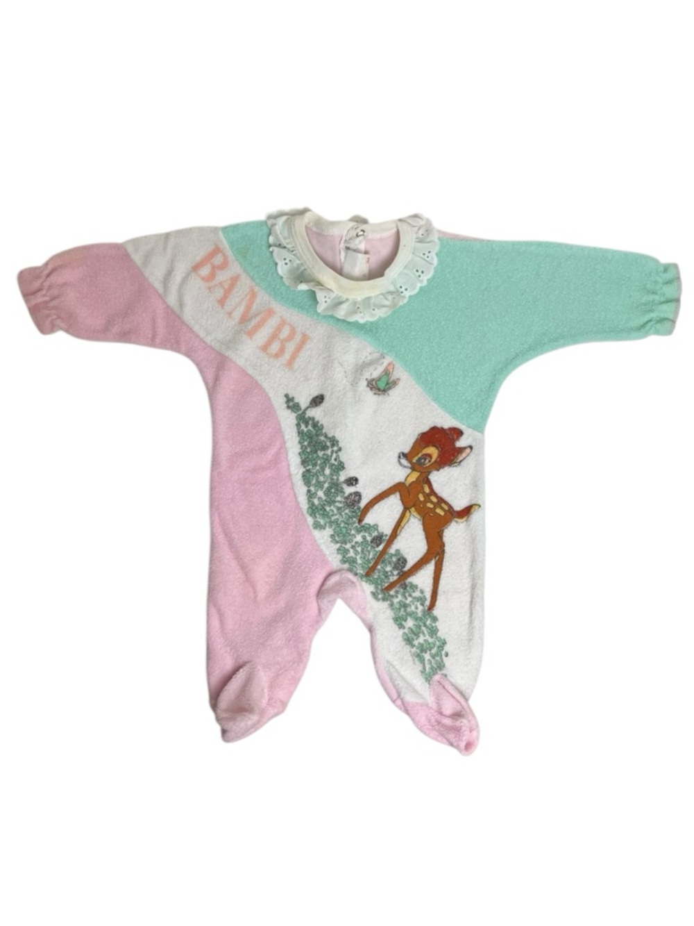 Vintage Bambi Pastel Made in Canada Baby 3-6m One-Piece Ruffle Collar Disney 80s